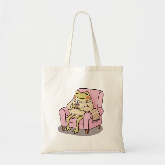 Bolsa Tote Cozy Frog Drinking Tea On Sofa Illustration (Frente)
