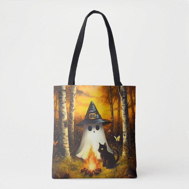 Bolsa Tote Cozy Halloween Ghost & Black Cat Campfire (Frente)