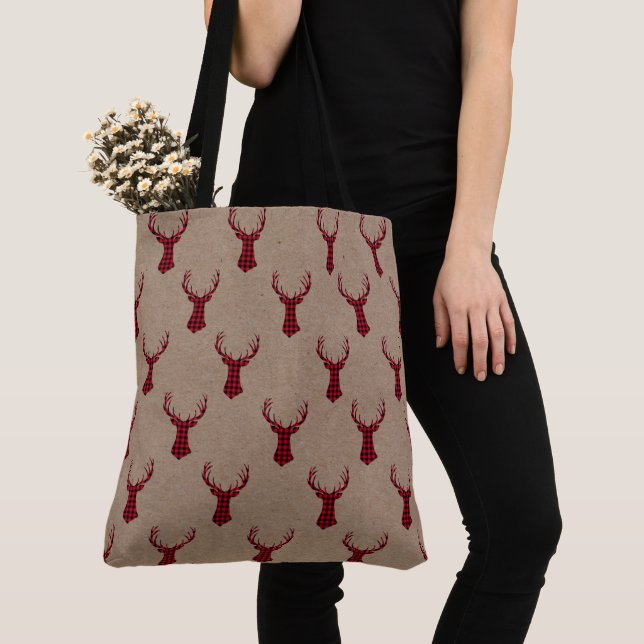 Bolsa Tote Cozy Modern Deer Kraft Xadrez Natal (Close Up)
