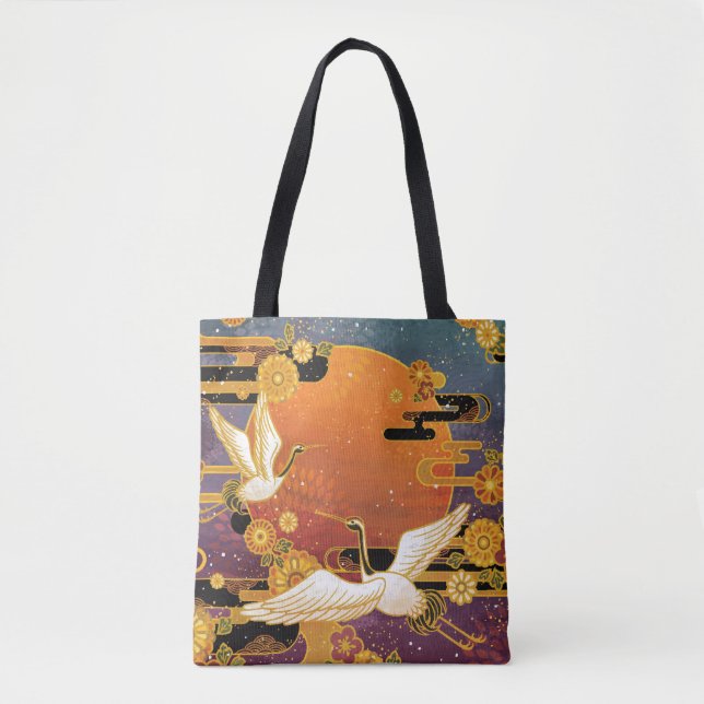 Bolsa Tote Crane Bird Chrysanthemum Padrão Japonês (Frente)