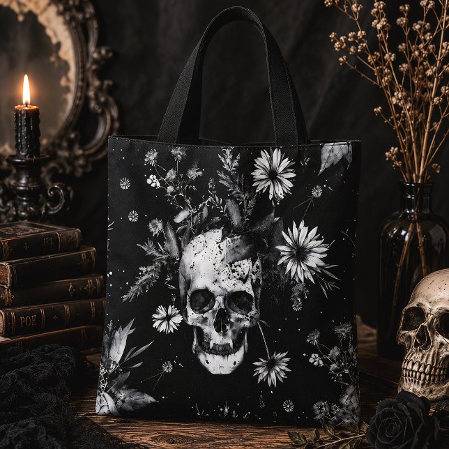 Bolsa Tote Crânio Botânico Gótico Floral Escuro (Criador carregado)