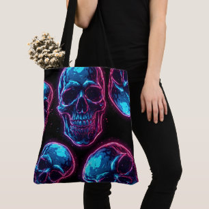 Bolsa Tote Crânio Ciberpunk Neon Synthwave Brilho Gamer Gótic