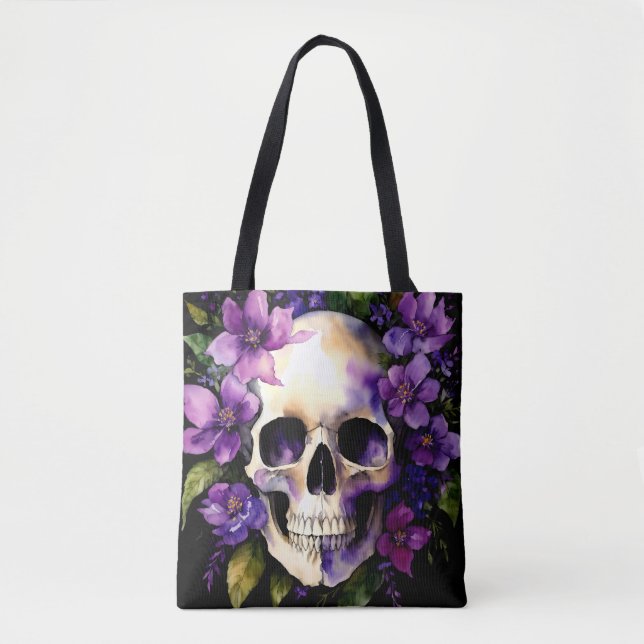 Bolsa Tote Crânio Com Flores Roxas Gótico Aquarela (Frente)