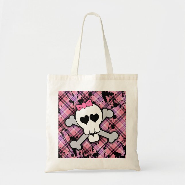 Bolsa Tote Crânio cor-de-rosa e Crossbones com corações e (Frente)