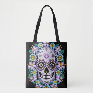 Bolsa Tote Crânio de Açúcar Roxo com Flores