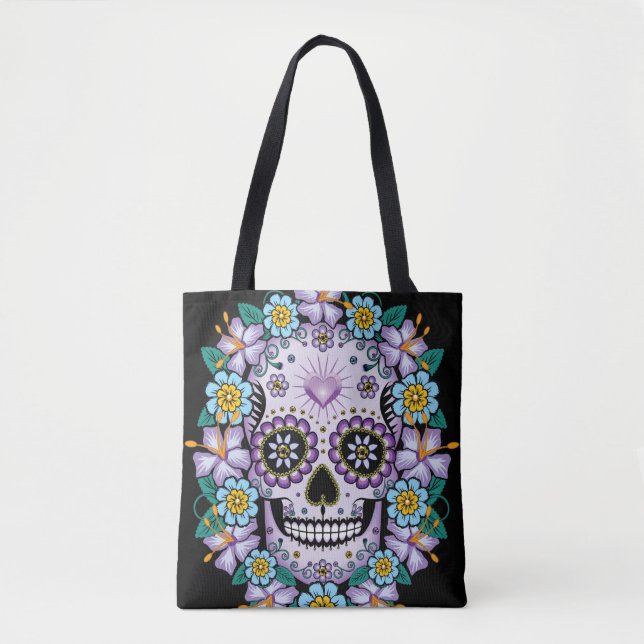 Bolsa Tote Crânio de Açúcar Roxo com Flores (Frente)