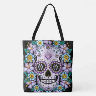 Bolsa Tote Crânio de Açúcar Roxo com Flores