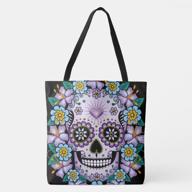 Bolsa Tote Crânio de Açúcar Roxo com Flores (Frente)