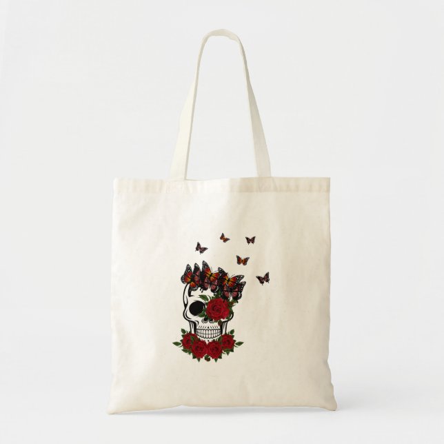 Bolsa Tote Cranio de Borboleta e Flores de Rosas Vermelhas Vi (Frente)
