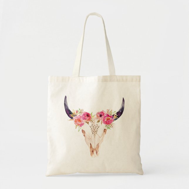Bolsa Tote Crânio de Bull com flores cor-de-rosa (Frente)