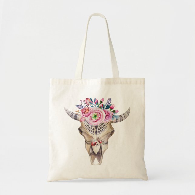 Bolsa Tote Crânio de Bull & ilustração da aguarela das flores (Frente)