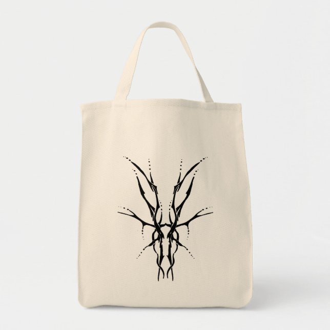 Bolsa Tote Crânio de Cervo Tribal Preto Desenho de Caça (Frente)