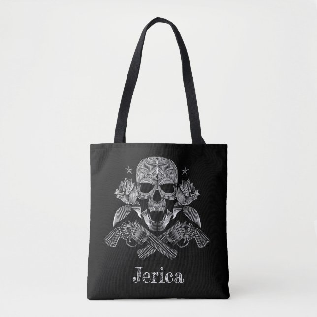 Bolsa Tote Crânio e armas pretos & brancos (Frente)