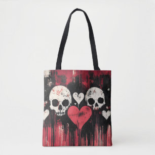Bolsa Tote Crânio e corações- Arte Negra e Vermelha Negra