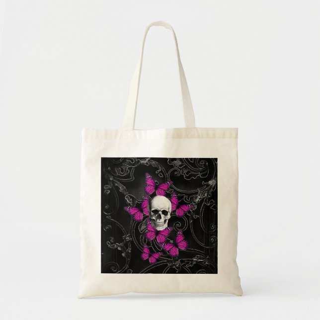 Bolsa Tote Crânio fantasma e borboletas rosa-quente (Frente)