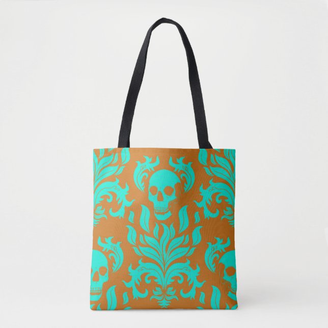 Bolsa Tote Crânio Flame Damask em verde tóxico em laranja (Frente)
