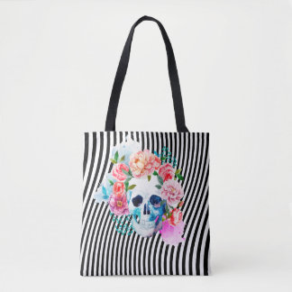 Bolsa Tote Crânio floral da aguarela com listras