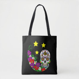Bolsa Tote Crânio, flores e estrelas do açúcar