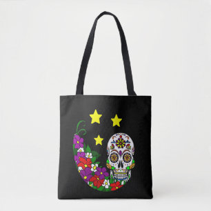 Bolsa Tote Crânio, flores e estrelas do açúcar