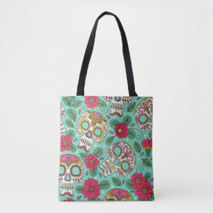 Bolsa Tote Crânio mexicano e flores, sem costura.