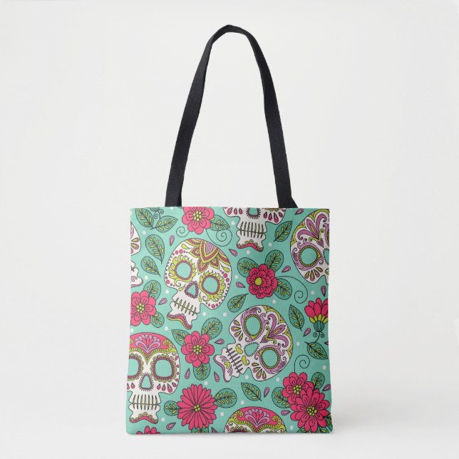 Bolsa Tote Crânio mexicano e flores, sem costura. (Frente)