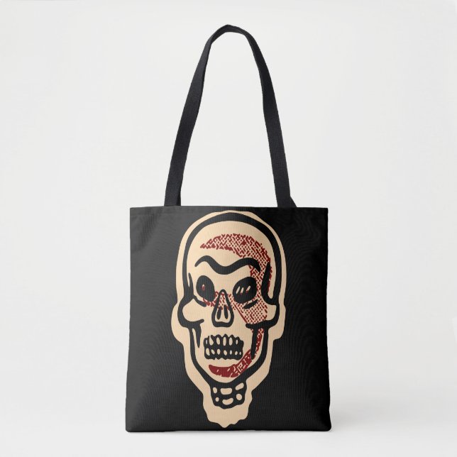 Bolsa Tote Crânio Rustic Orange Halloween | Realces Vermelhos (Frente)