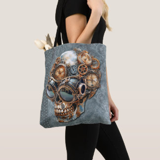 Bolsa Tote Crânio Steampunk Laranja Vintage e Cinza Verde