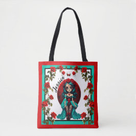 Bolsa Tote Crânios de açúcar de chá e Rosas vermelhas