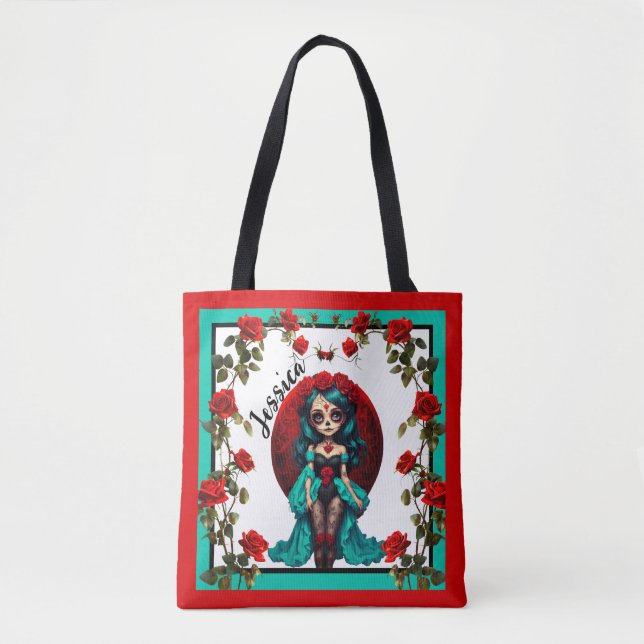 Bolsa Tote Crânios de açúcar de chá e Rosas vermelhas (Frente)