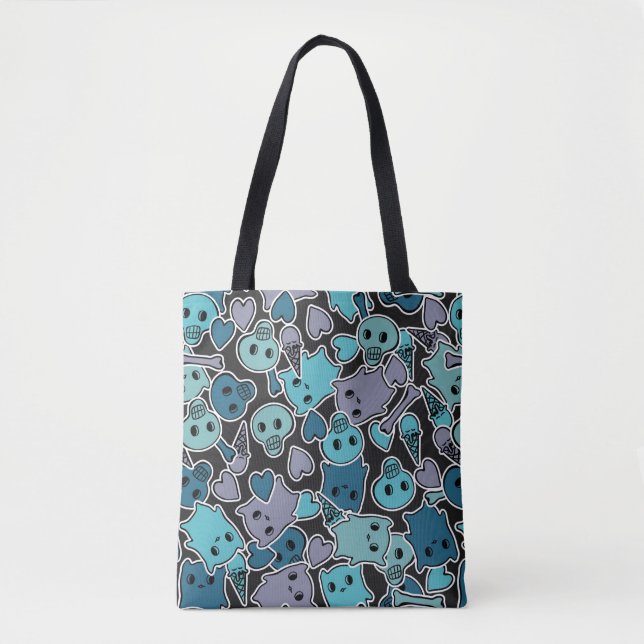 Bolsa Tote Crânios, e corações no fundo preto 2 (Frente)