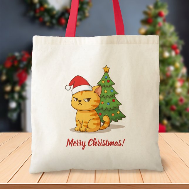 Bolsa Tote Cranky Orange Tabby Cat Red Hat Christmas Tree (Criador carregado)