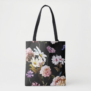 Bolsa Tote Cravo, flores de camomila, padrão preto.
