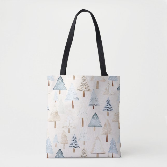 Bolsa Tote Cream Beige Blue Christmas Trees (Frente)