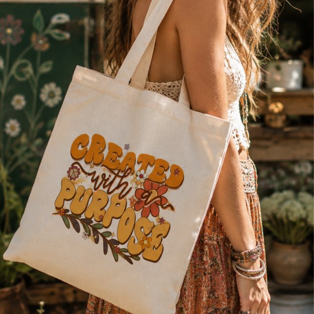 Bolsa Tote Created with a Purpose, Boho Aesthetic, Retro Vibe (Criador carregado)