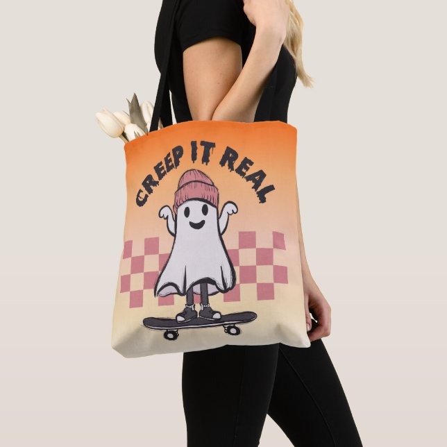 Bolsa Tote Creme no Skateboard Ghost Orange Halloween (Close Up)