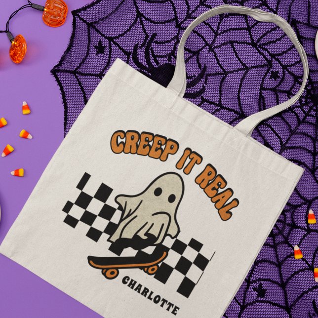 Bolsa Tote Creme-o no verdadeiro Halloween Skateboard Nome do (Criador carregado)