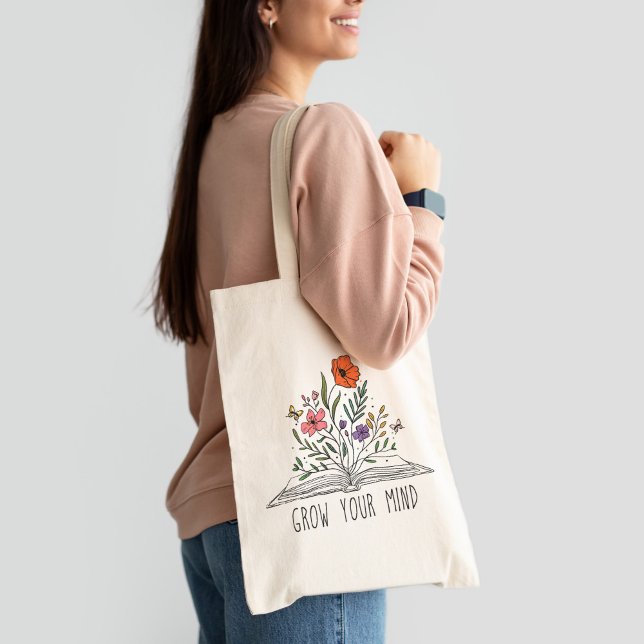 Bolsa Tote Cresça a sua mente, Boho, flor selvagem e livro (Criador carregado)