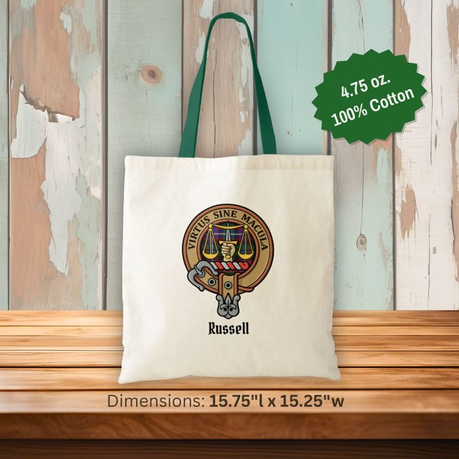 Bolsa Tote Crest do Clã Russell sobre Tartan (Criador carregado)