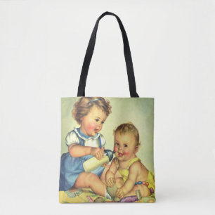 Bolsa Tote Crianças Antigas, Bebês Felizes Sorriem Mamadeira