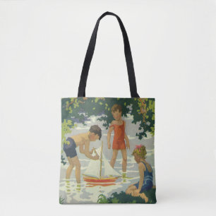 Bolsa Tote Crianças Antigas Brincando com Barcos à Vela de Br