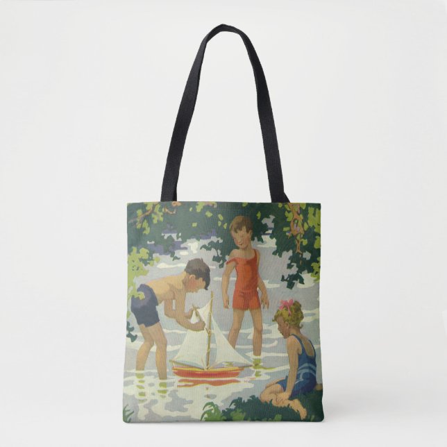Bolsa Tote Crianças Antigas Brincando com Barcos à Vela de Br (Frente)