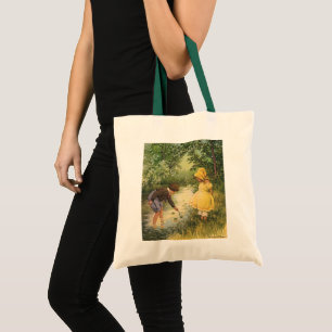 Bolsa Tote Crianças Antigas, Menino e Menina Brincando ao lad
