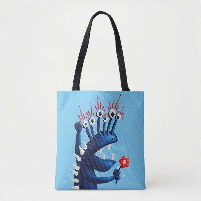 Bolsa Tote Crianças Azuis Engraçadas com Flor Monstro (Frente)