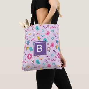 Bolsa Tote Crianças de Monograma com Padrão de Abelhas Roxo F