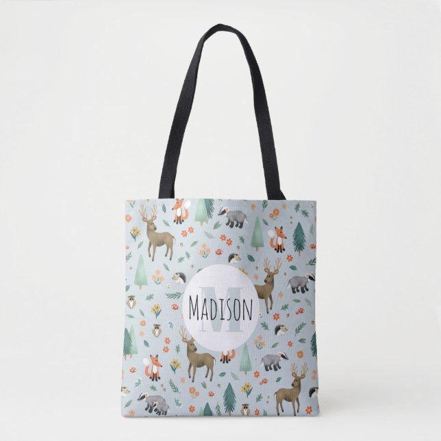 Bolsa Tote Crianças de monogramas de animais das florestas cú (Frente)