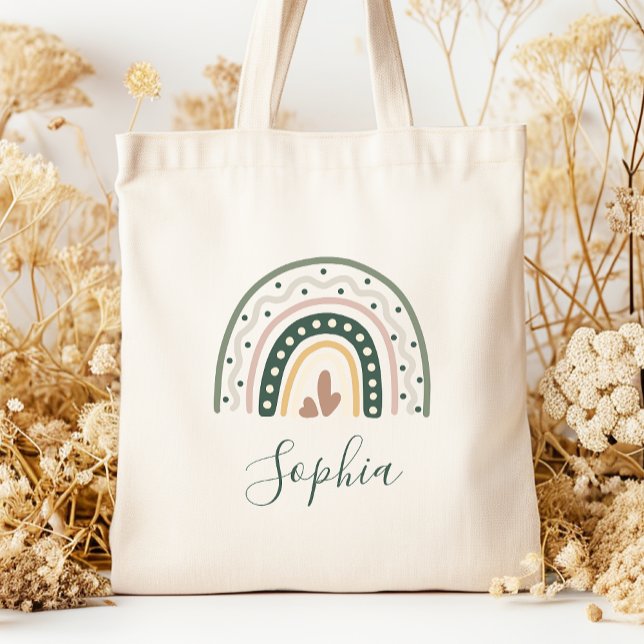 Bolsa Tote Crianças Nome Boho Arco-Íris Pontos Terra Tonalida (Criador carregado)