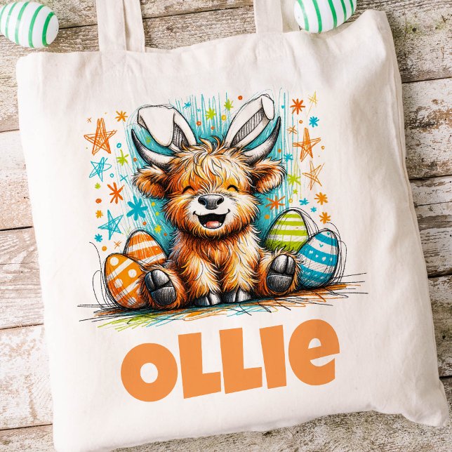 Bolsa Tote Crianças páscoas Nome Boys Bunny Highland Cow (Boys Easter Tote)