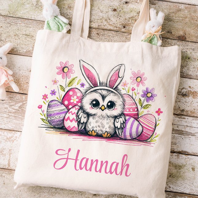 Bolsa Tote Crianças páscoas Nome Raparigas Coruja Coelhinha (Owl Girls Easter Tote)