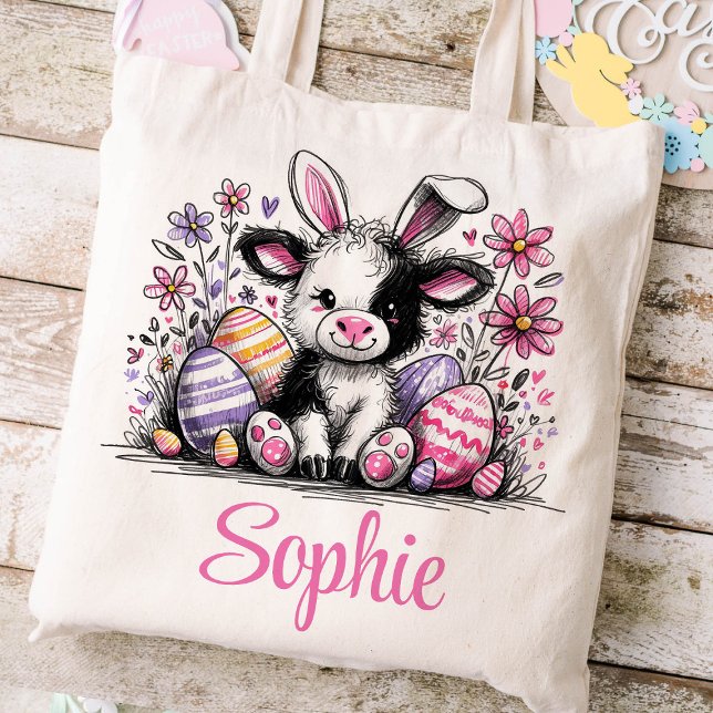 Bolsa Tote Crianças páscoas Nomes Meninas Coelhinhas (Cow Girls Easter Tote)