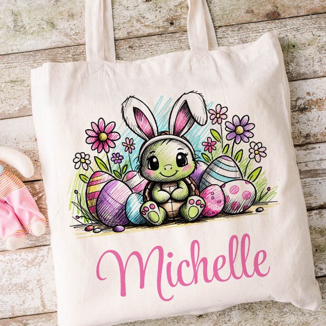 Bolsa Tote Crianças páscoas Nomes Meninas Coelhinhas (Turtle Girls Easter Tote)